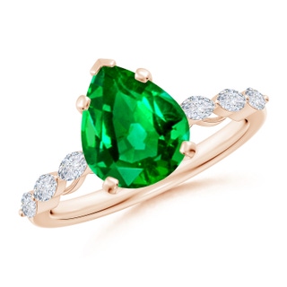 10x8mm AAAA Pear Emerald Engagement Ring with Marquise Diamonds in Rose Gold