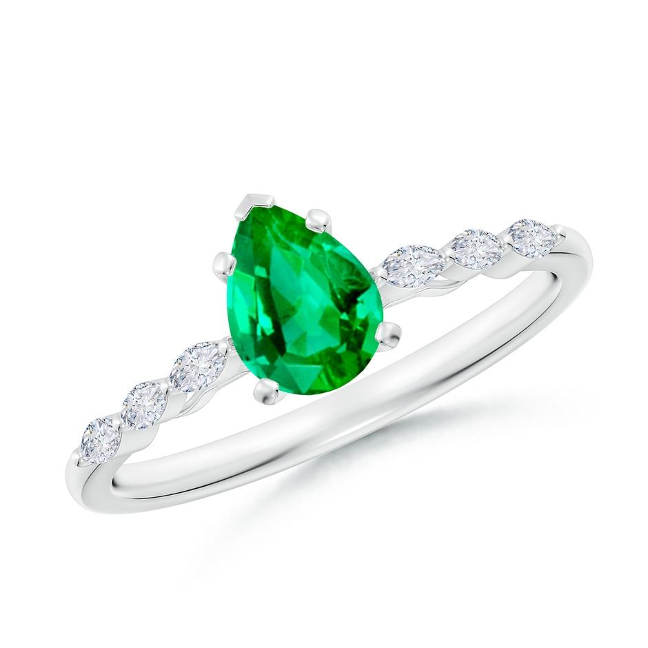 7x5mm AAA Pear Emerald Engagement Ring with Marquise Diamonds in 18K White Gold 