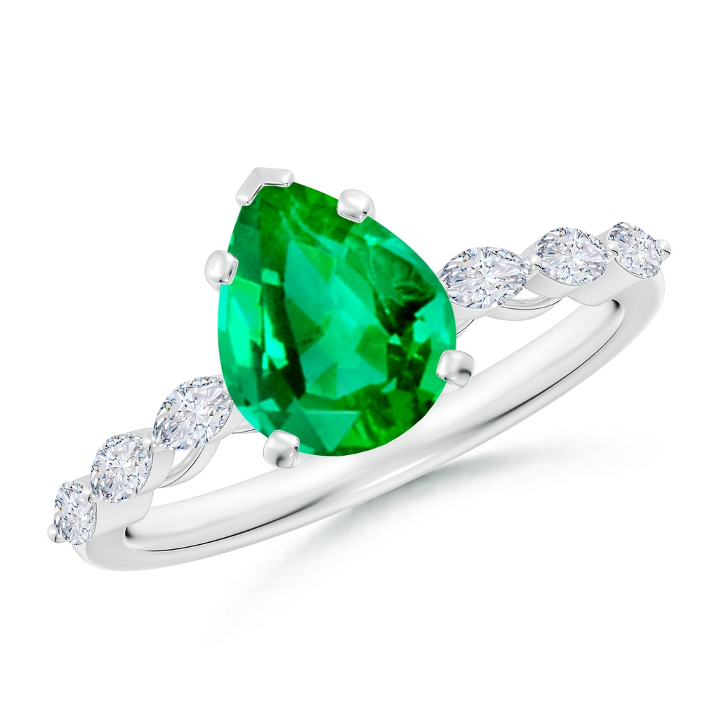 9x7mm AAA Pear Emerald Engagement Ring with Marquise Diamonds in White Gold