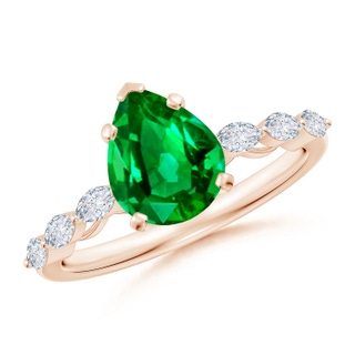 9x7mm AAAA Pear Emerald Engagement Ring with Marquise Diamonds in Rose Gold