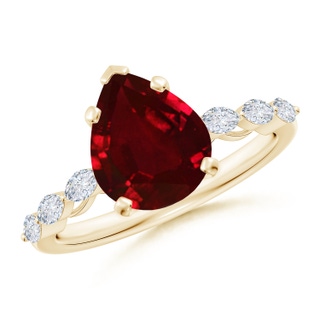 10x8mm AAAA Pear Ruby Engagement Ring with Marquise Diamonds in 18K Yellow Gold