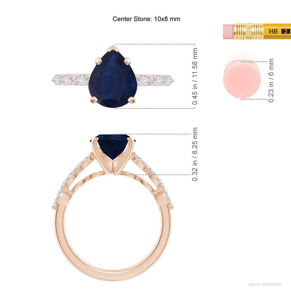 10x8mm A Pear Blue Sapphire Engagement Ring with Marquise Diamonds in Rose Gold ruler