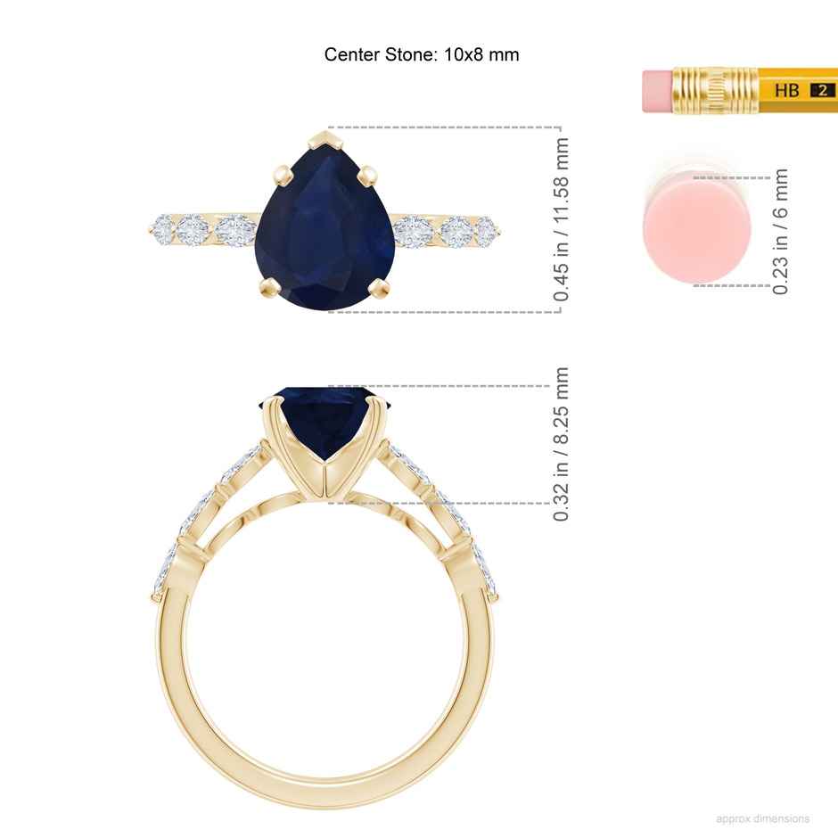 10x8mm A Pear Blue Sapphire Engagement Ring with Marquise Diamonds in Yellow Gold ruler