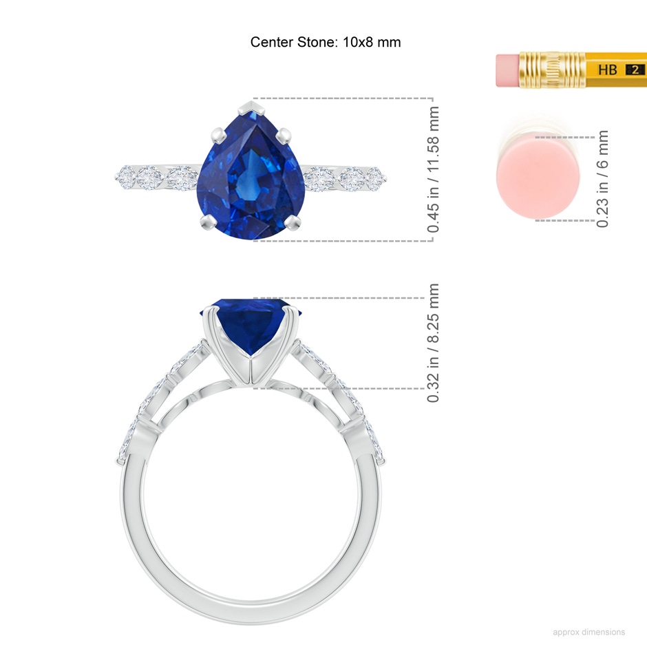 10x8mm AAA Pear Blue Sapphire Engagement Ring with Marquise Diamonds in P950 Platinum ruler