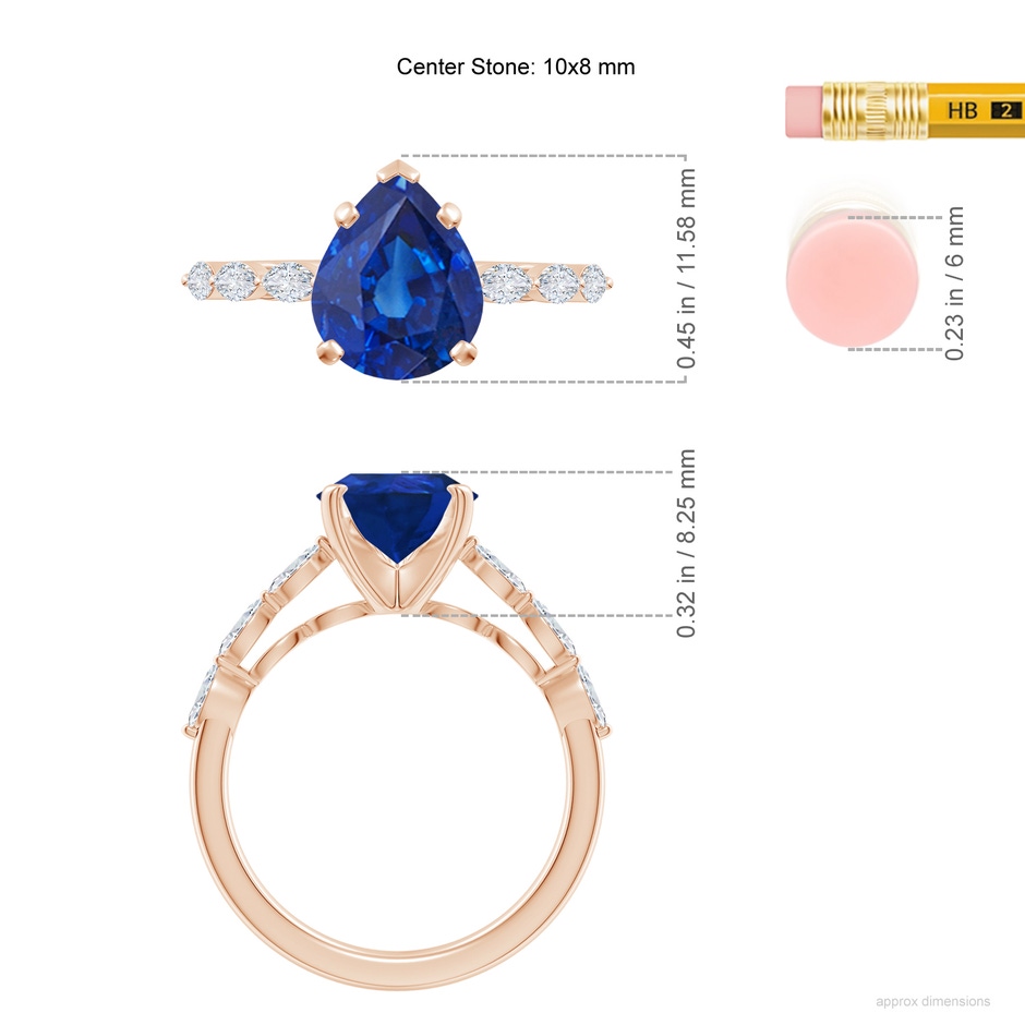 10x8mm AAA Pear Blue Sapphire Engagement Ring with Marquise Diamonds in Rose Gold ruler