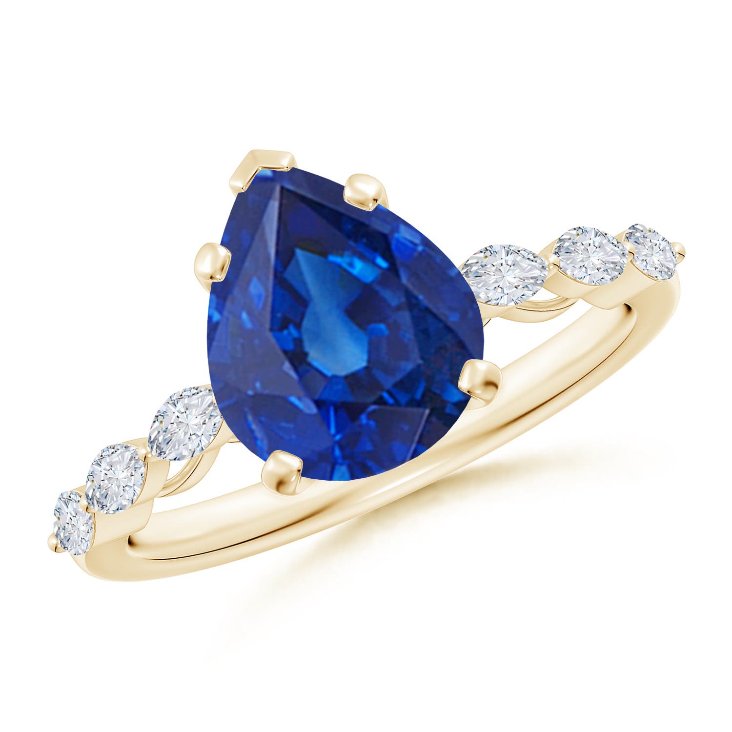 10x8mm AAA Pear Blue Sapphire Engagement Ring with Marquise Diamonds in Yellow Gold