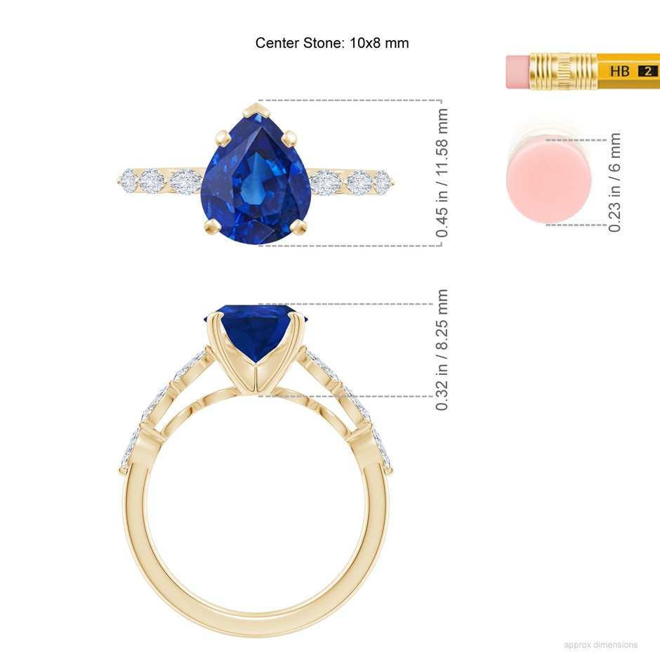10x8mm AAA Pear Blue Sapphire Engagement Ring with Marquise Diamonds in Yellow Gold ruler
