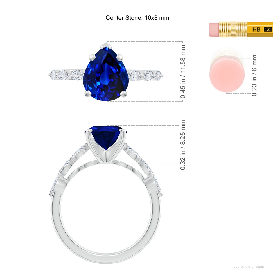 10x8mm AAAA Pear Blue Sapphire Engagement Ring with Marquise Diamonds in P950 Platinum ruler
