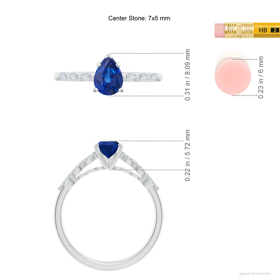 7x5mm AAA Pear Blue Sapphire Engagement Ring with Marquise Diamonds in White Gold ruler