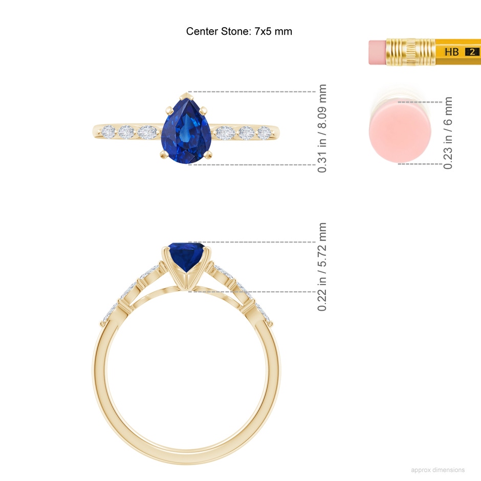 7x5mm AAA Pear Blue Sapphire Engagement Ring with Marquise Diamonds in Yellow Gold ruler