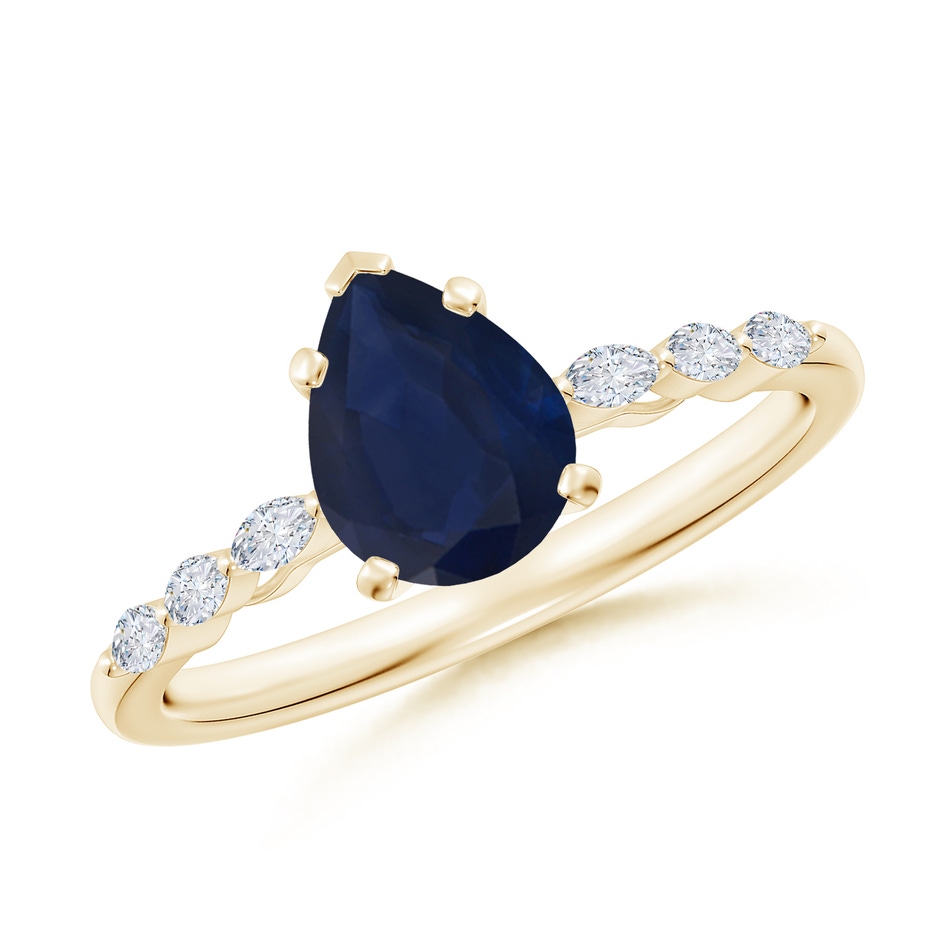 8x6mm A Pear Blue Sapphire Engagement Ring with Marquise Diamonds in Yellow Gold 