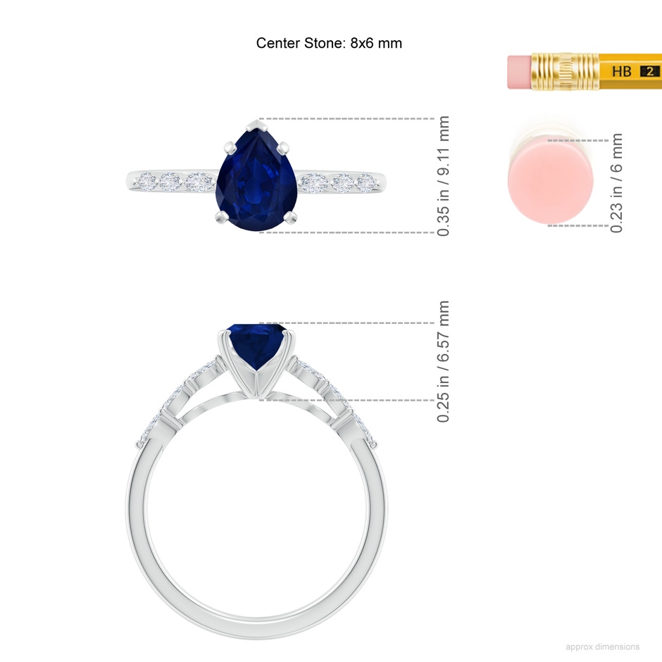 8x6mm AA Pear Blue Sapphire Engagement Ring with Marquise Diamonds in White Gold ruler