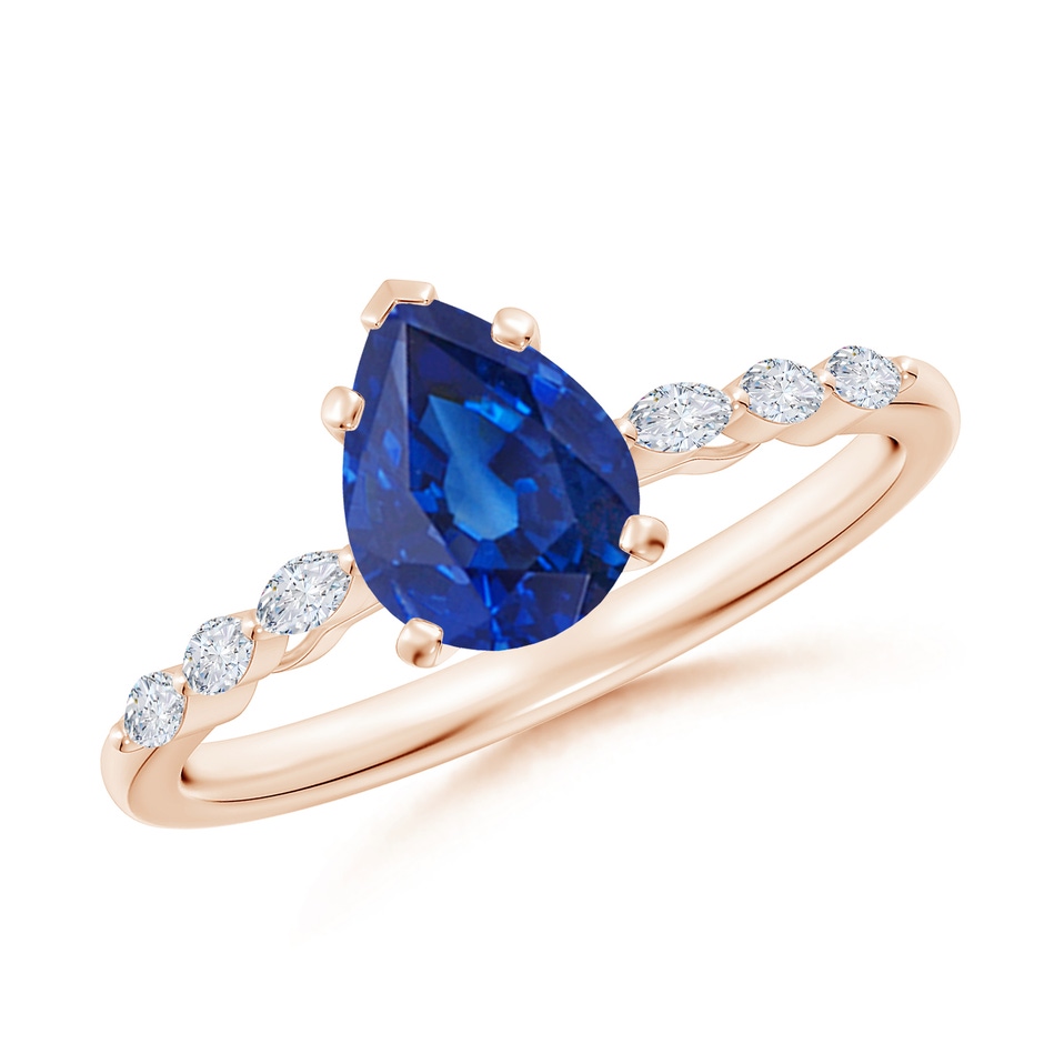 8x6mm AAA Pear Blue Sapphire Engagement Ring with Marquise Diamonds in Rose Gold 