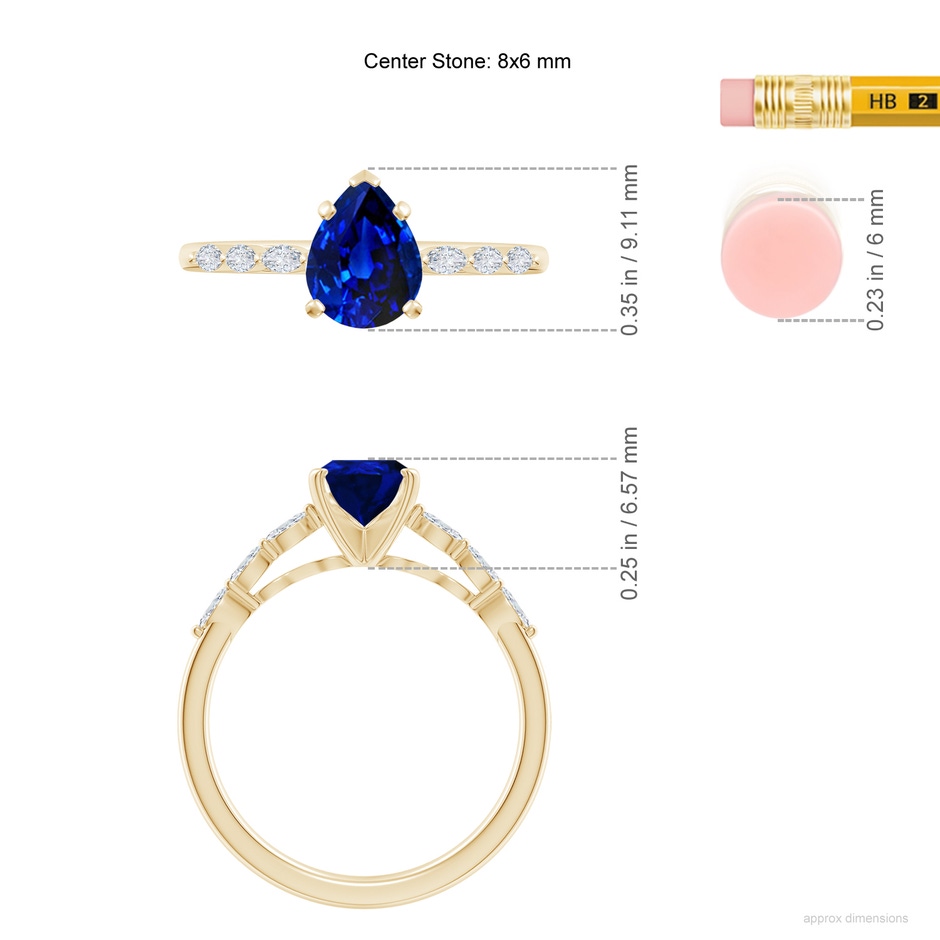 8x6mm AAAA Pear Blue Sapphire Engagement Ring with Marquise Diamonds in Yellow Gold ruler