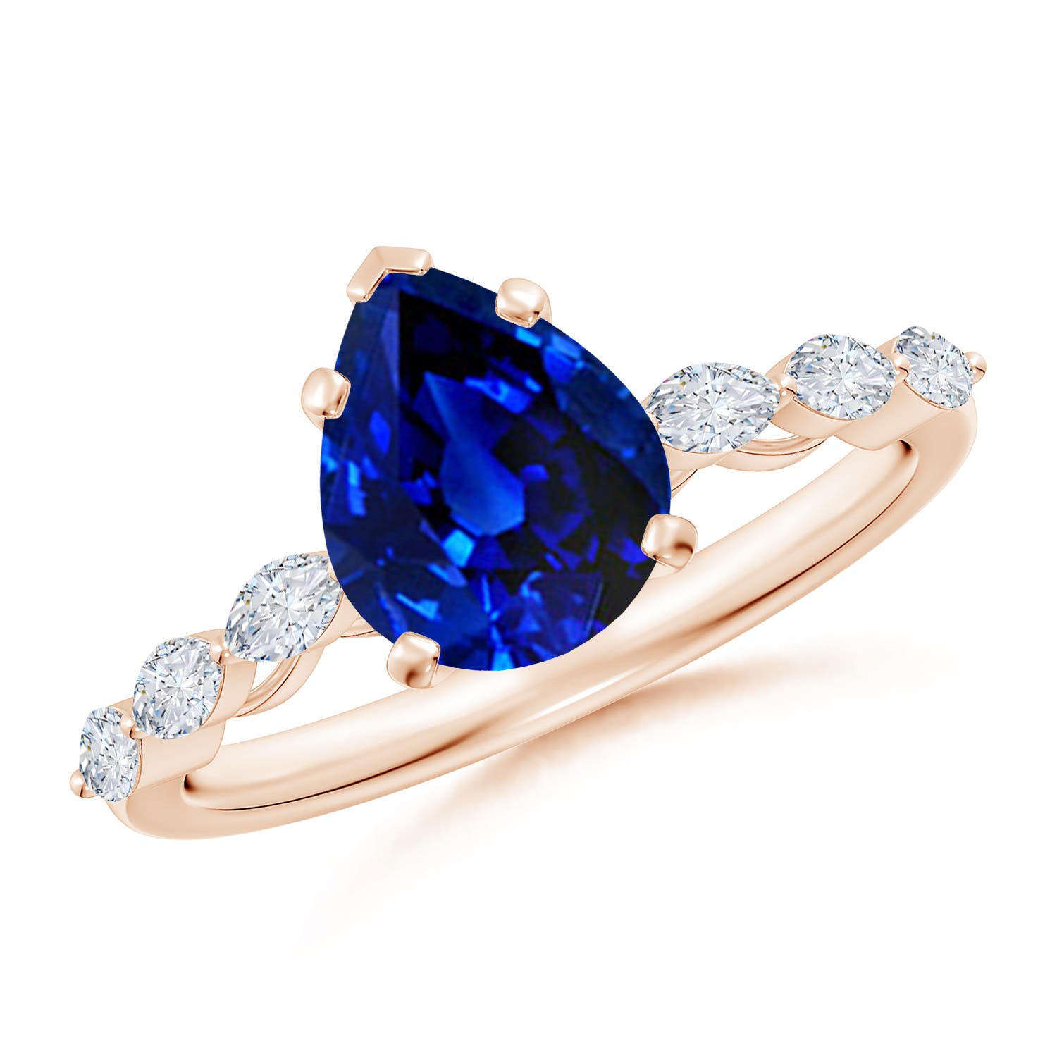 9x7mm AAAA Pear Blue Sapphire Engagement Ring with Marquise Diamonds in Rose Gold