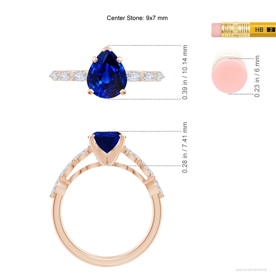 9x7mm AAAA Pear Blue Sapphire Engagement Ring with Marquise Diamonds in Rose Gold ruler