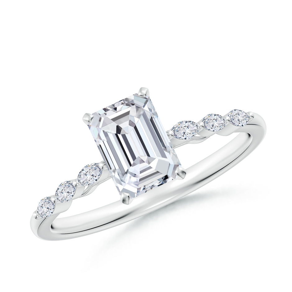 7x5mm HSI2 Emerald-Cut Diamond Engagement Ring with Marquise Accents in White Gold 