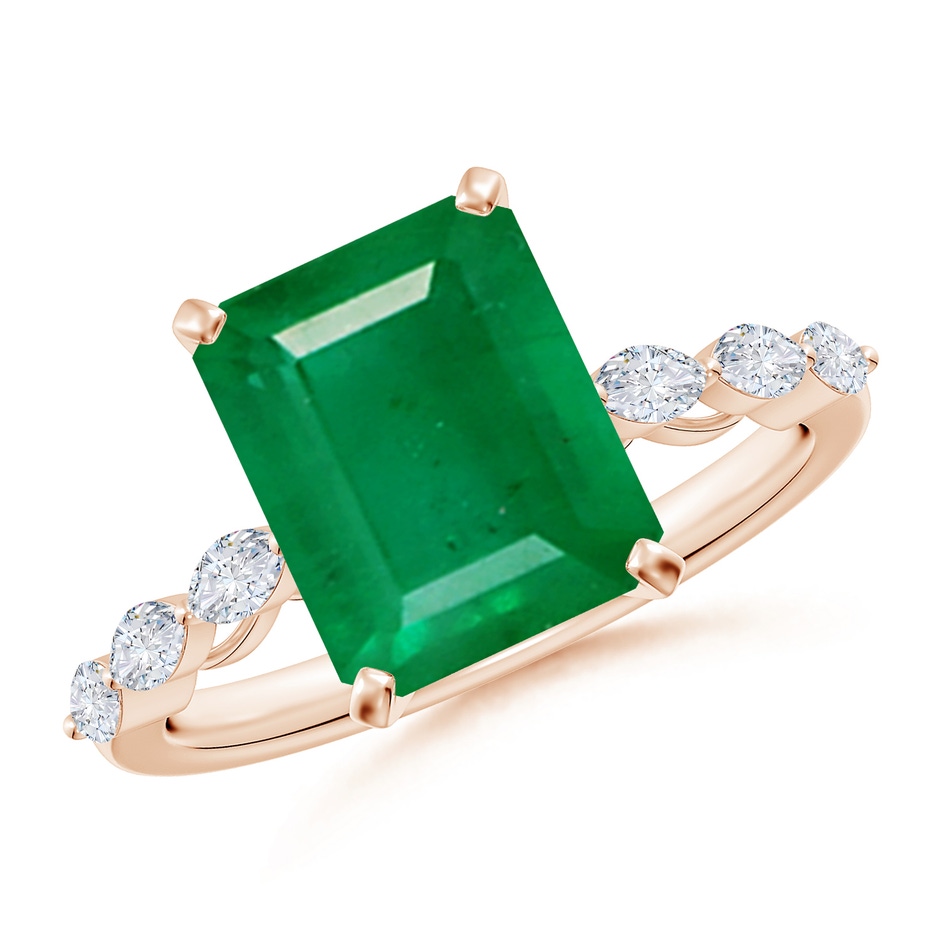 10x8mm AA Emerald-Cut Emerald Engagement Ring with Marquise Diamonds in Rose Gold 