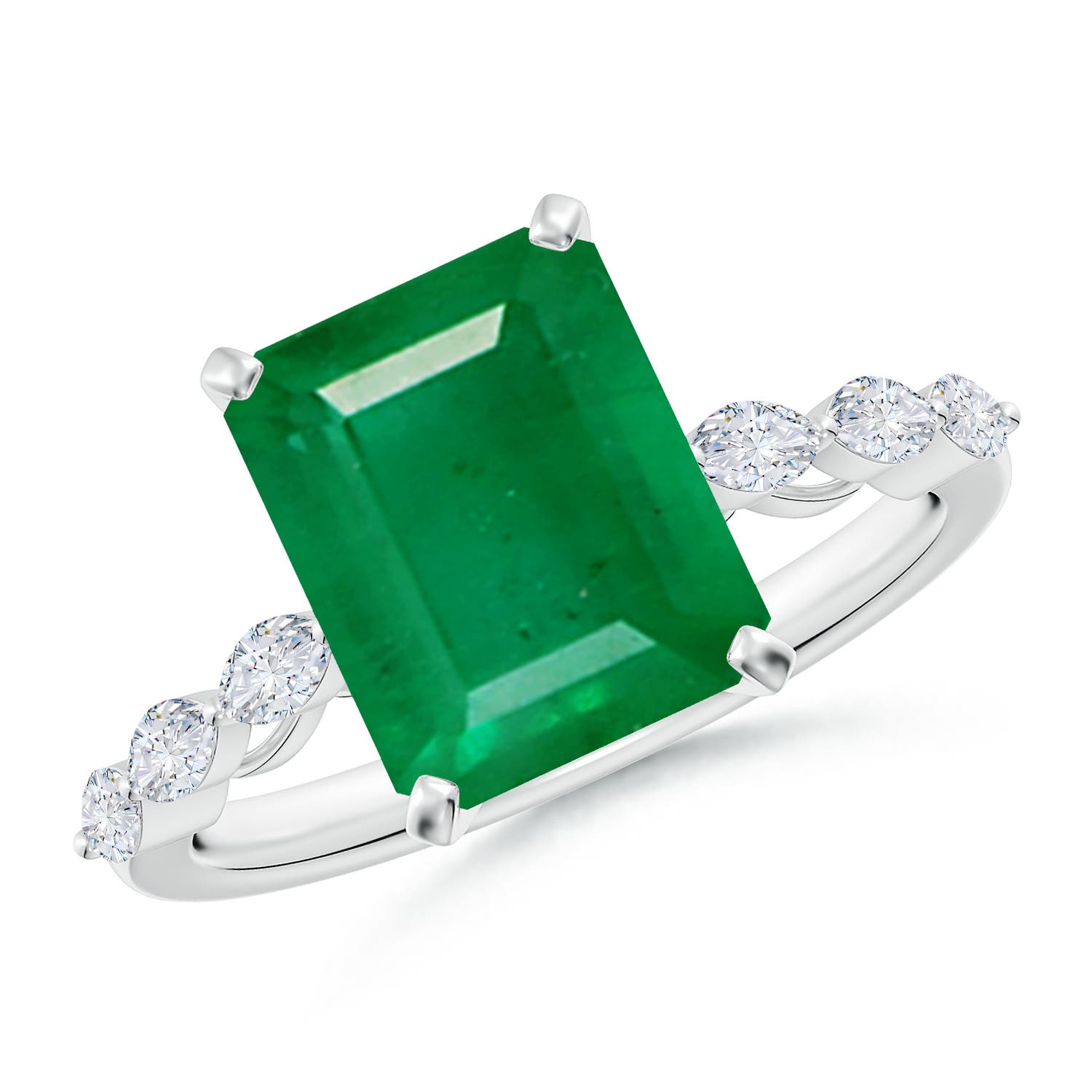 10x8mm AA Emerald-Cut Emerald Engagement Ring with Marquise Diamonds in White Gold