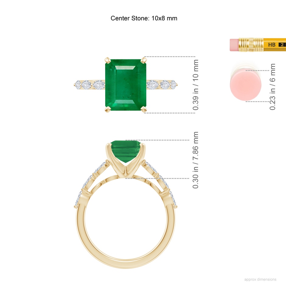 10x8mm AA Emerald-Cut Emerald Engagement Ring with Marquise Diamonds in Yellow Gold ruler