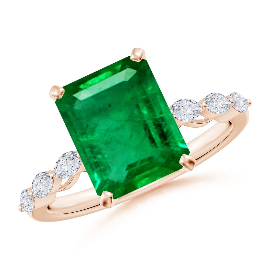 10x8mm AAA Emerald-Cut Emerald Engagement Ring with Marquise Diamonds in Rose Gold 