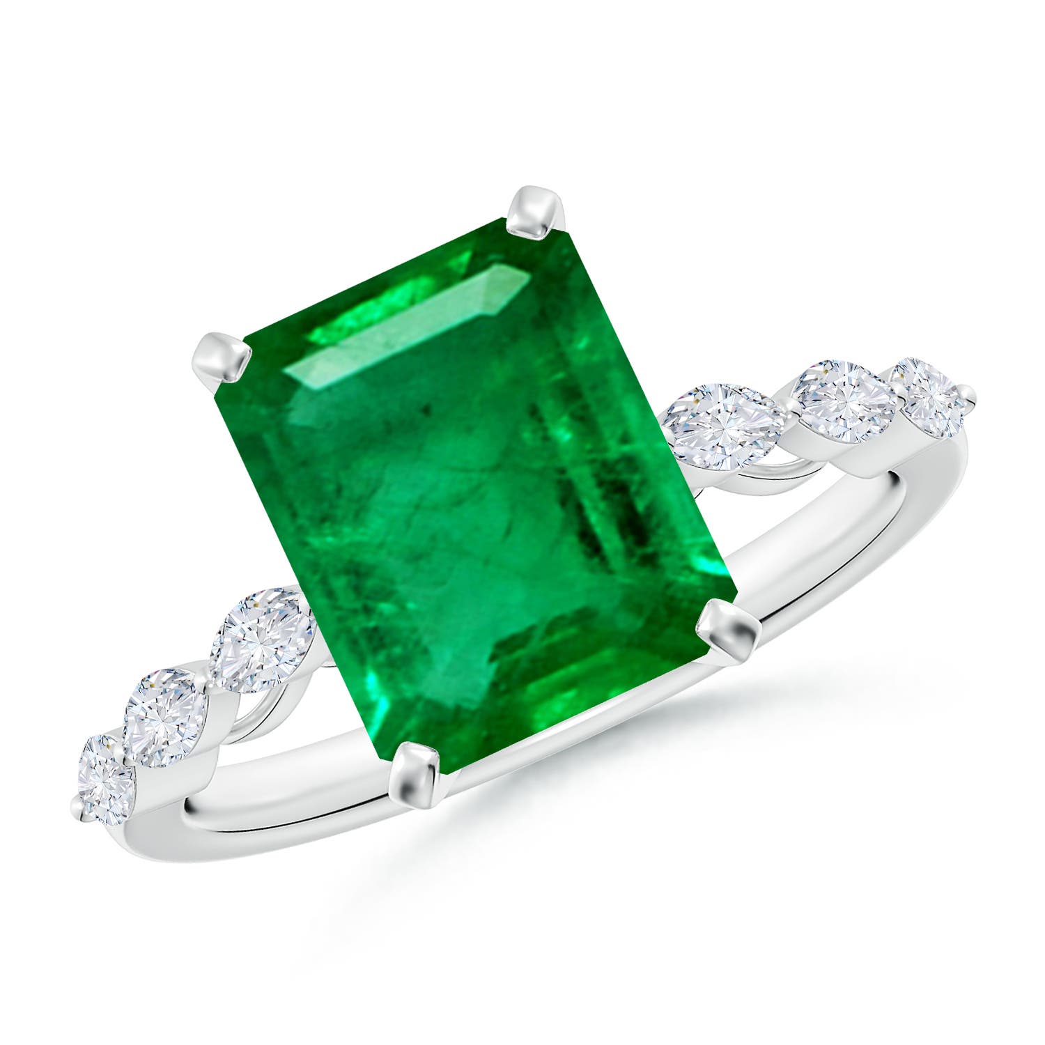 10x8mm AAA Emerald-Cut Emerald Engagement Ring with Marquise Diamonds in White Gold