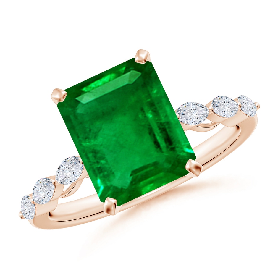 10x8mm AAAA Emerald-Cut Emerald Engagement Ring with Marquise Diamonds in Rose Gold 
