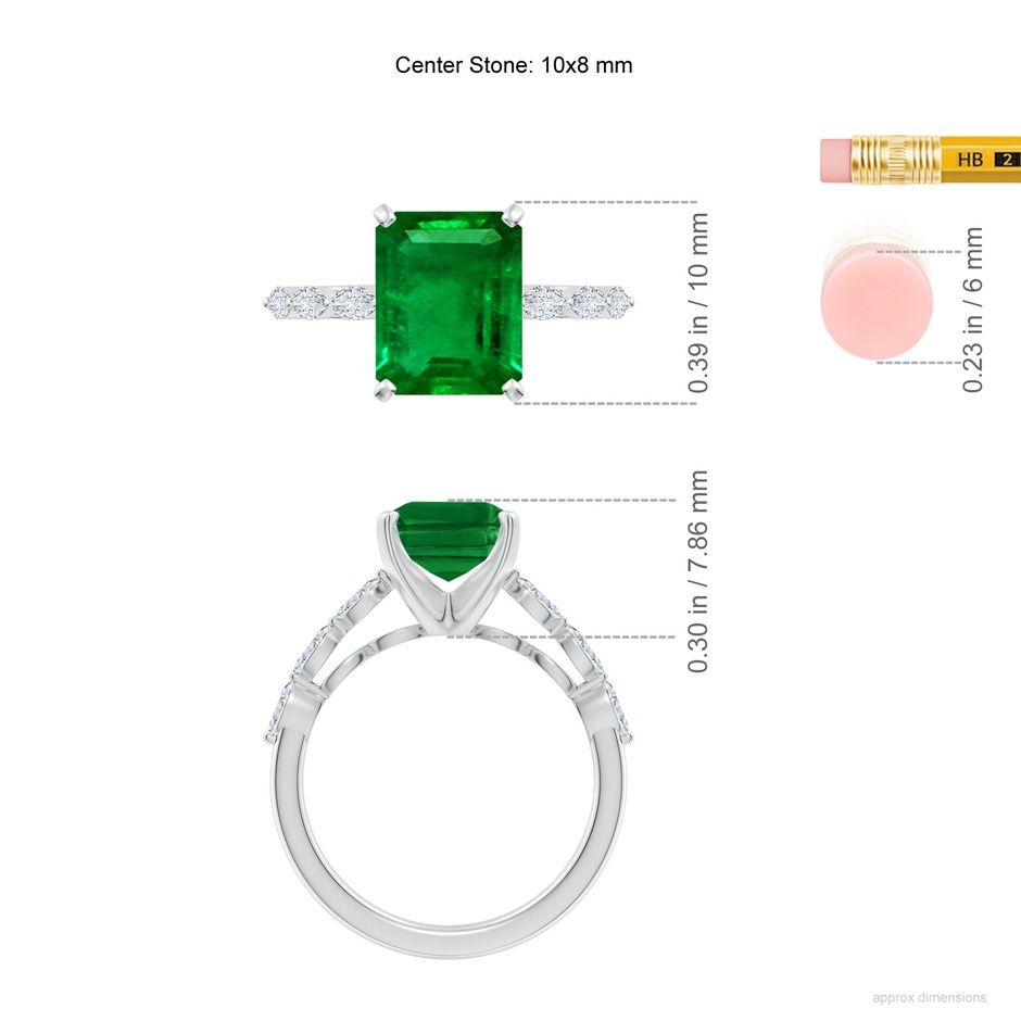 10x8mm AAAA Emerald-Cut Emerald Engagement Ring with Marquise Diamonds in White Gold ruler