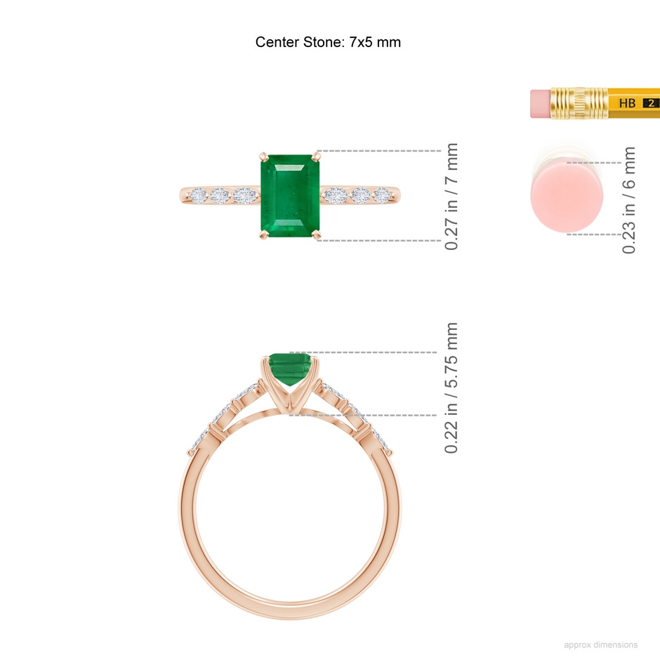 7x5mm AA Emerald-Cut Emerald Engagement Ring with Marquise Diamonds in Rose Gold ruler