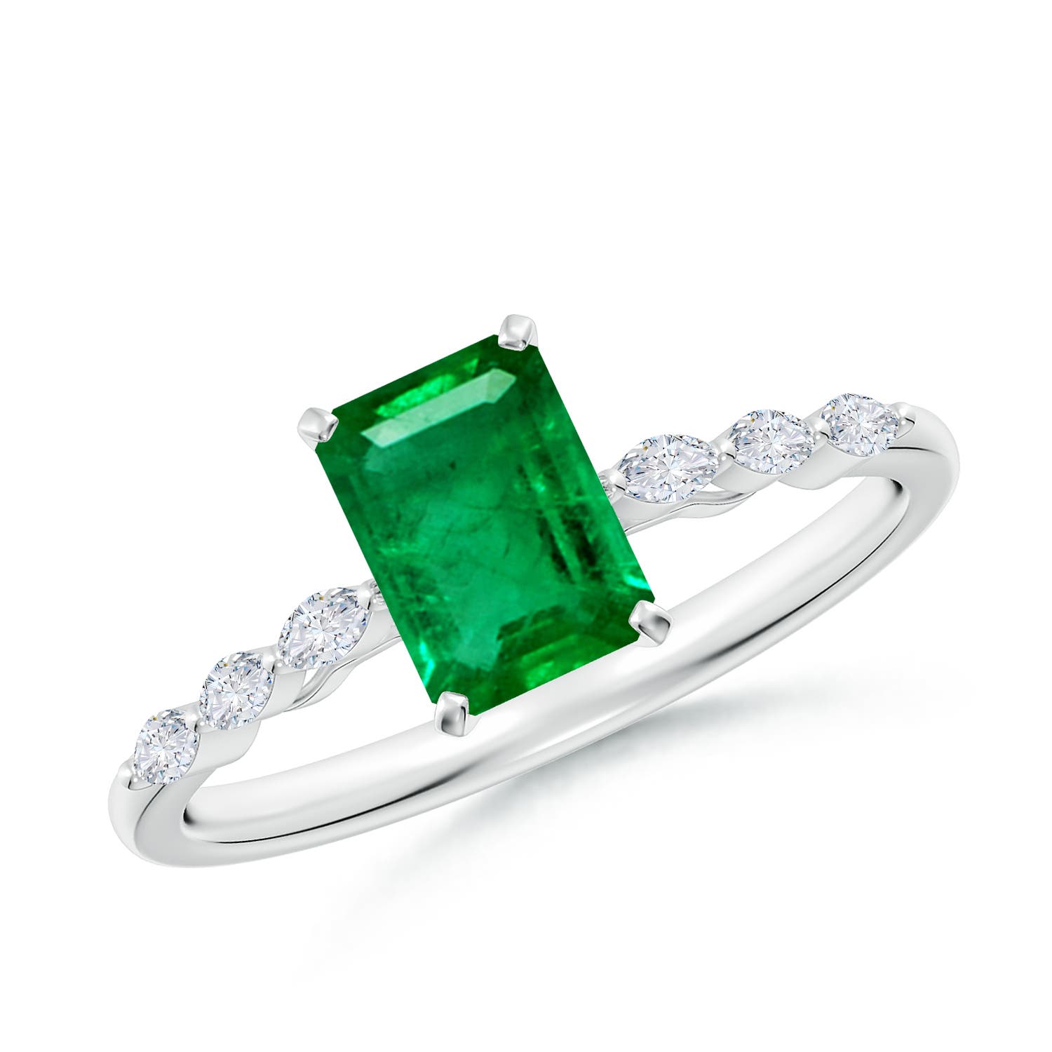 7x5mm AAA Emerald-Cut Emerald Engagement Ring with Marquise Diamonds in 18CT White Gold