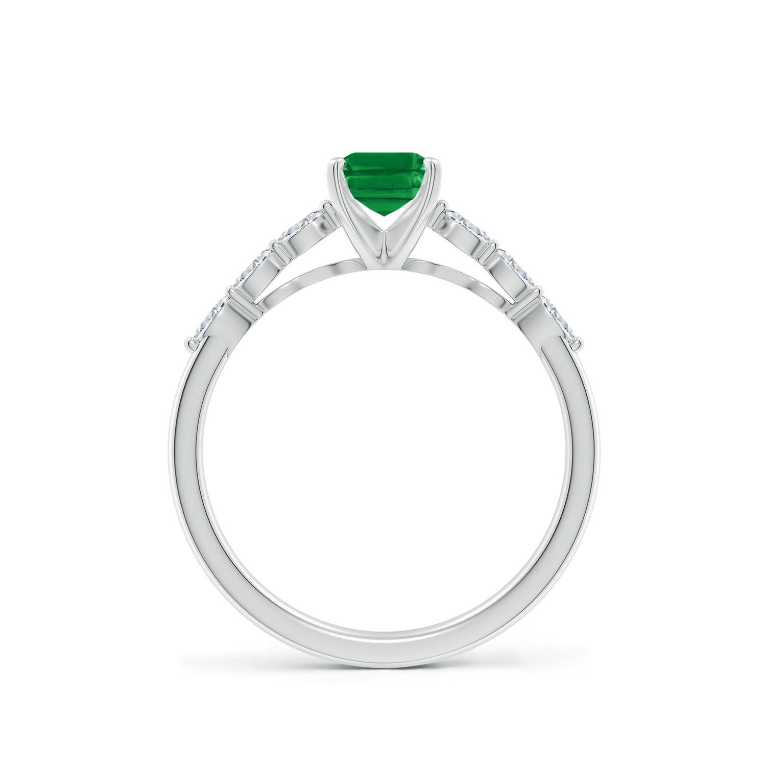 7x5mm AAA Emerald-Cut Emerald Engagement Ring with Marquise Diamonds in 18K White Gold