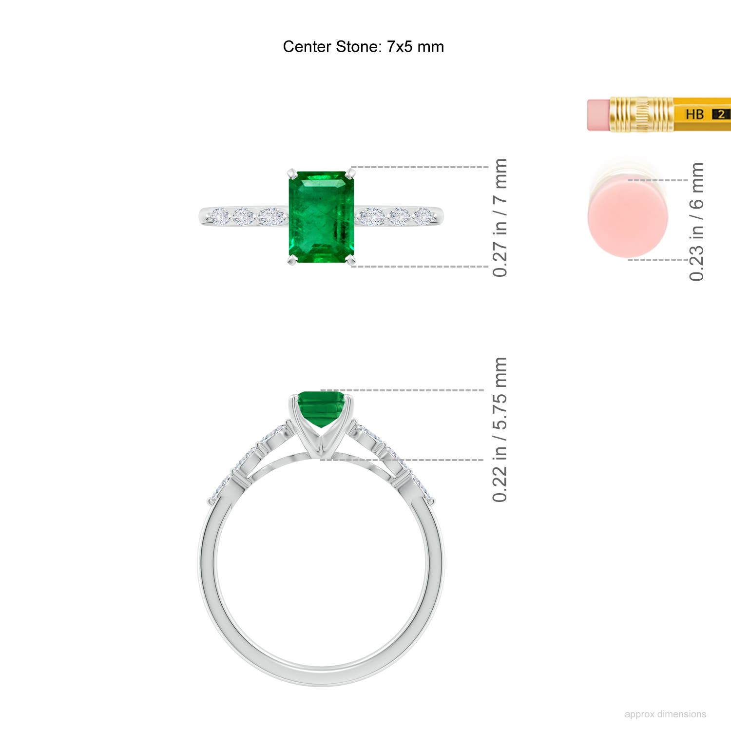 7x5mm AAA Emerald-Cut Emerald Engagement Ring with Marquise Diamonds in White Gold - ruler