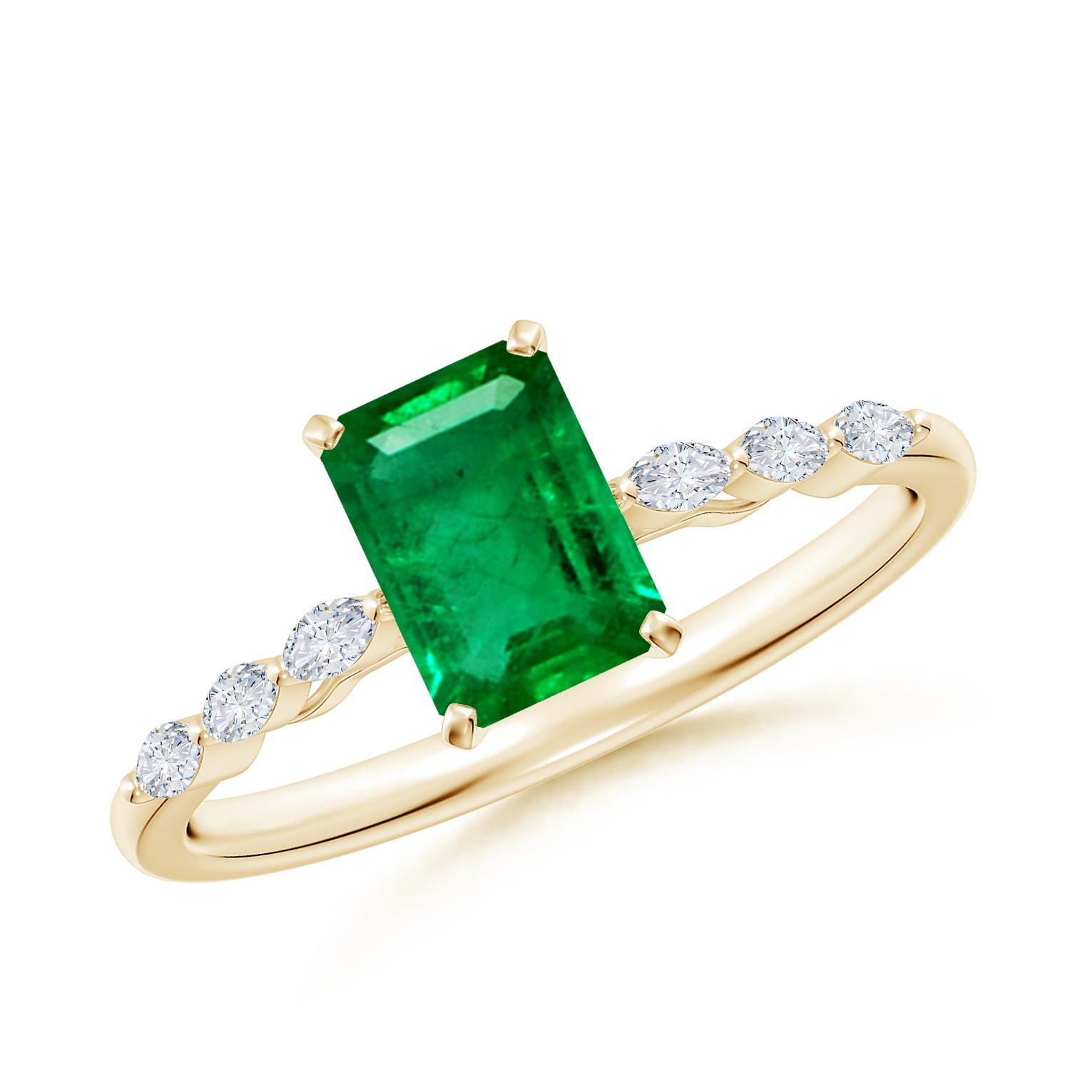 7x5mm AAA Emerald-Cut Emerald Engagement Ring with Marquise Diamonds in Yellow Gold