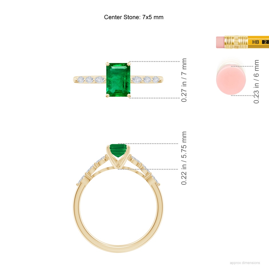 7x5mm AAA Emerald-Cut Emerald Engagement Ring with Marquise Diamonds in Yellow Gold ruler