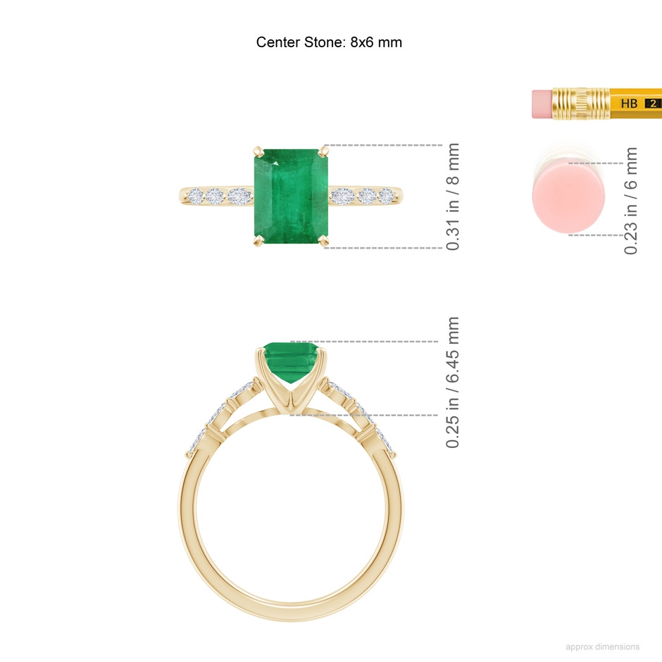 8x6mm A Emerald-Cut Emerald Engagement Ring with Marquise Diamonds in Yellow Gold ruler