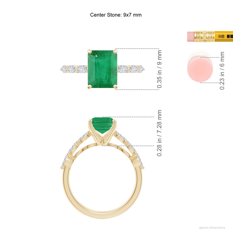9x7mm A Emerald-Cut Emerald Engagement Ring with Marquise Diamonds in Yellow Gold ruler