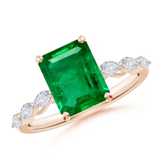 9x7mm AAA Emerald-Cut Emerald Engagement Ring with Marquise Diamonds in 10K Rose Gold