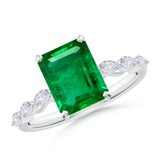 9x7mm AAA Emerald-Cut Emerald Engagement Ring with Marquise Diamonds in White Gold