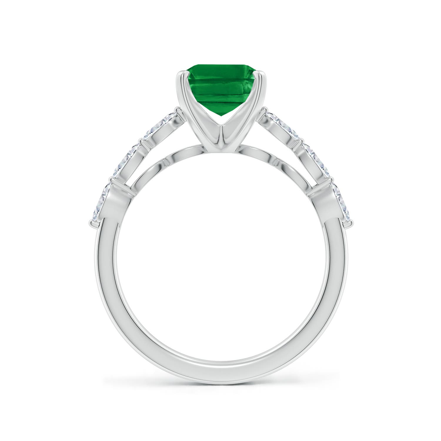 9x7mm AAA Emerald-Cut Emerald Engagement Ring with Marquise Diamonds in White Gold - side 2