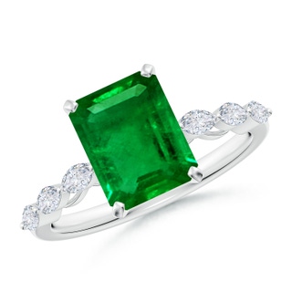 9x7mm AAAA Emerald-Cut Emerald Engagement Ring with Marquise Diamonds in P950 Platinum