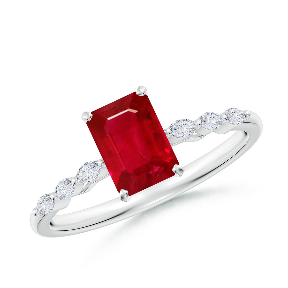 7x5mm AAA Emerald-Cut Ruby Engagement Ring with Marquise Diamonds in 18K White Gold 