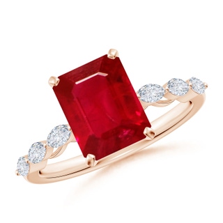 9x7mm AAA Emerald-Cut Ruby Engagement Ring with Marquise Diamonds in 10K Rose Gold