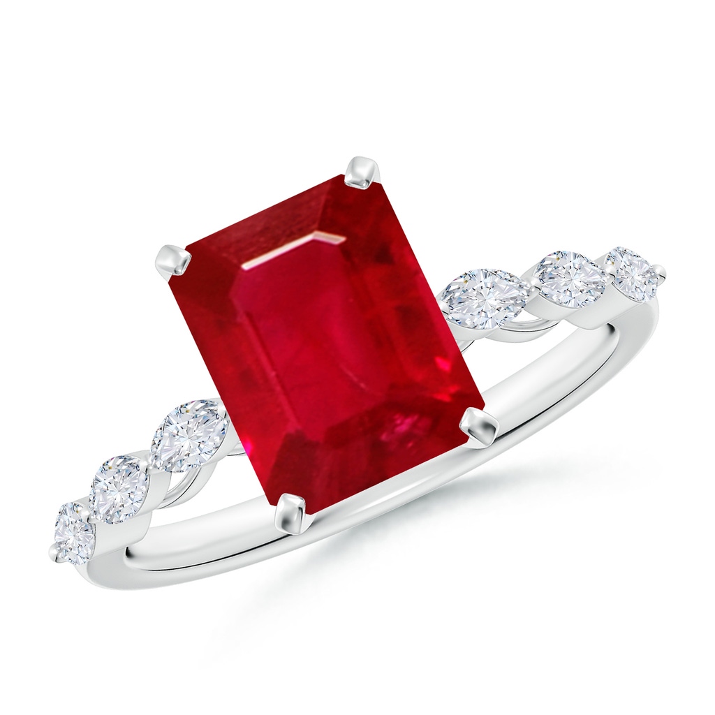 9x7mm AAA Emerald-Cut Ruby Engagement Ring with Marquise Diamonds in White Gold