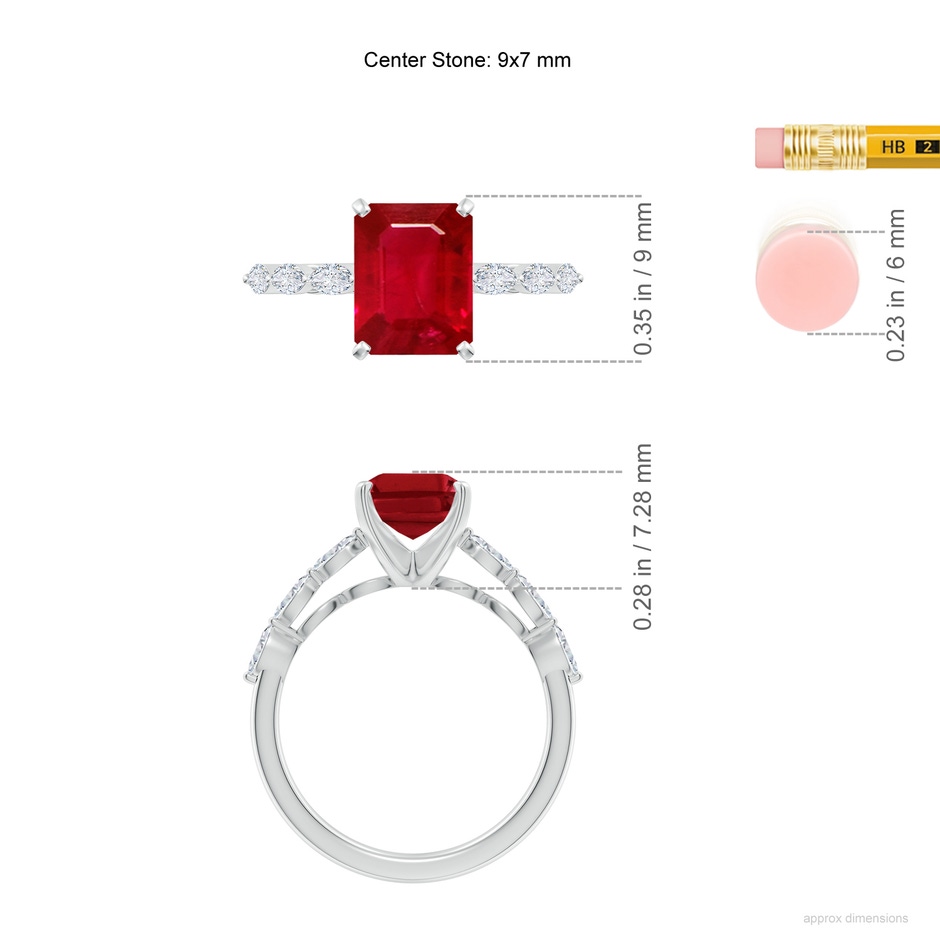 9x7mm AAA Emerald-Cut Ruby Engagement Ring with Marquise Diamonds in White Gold ruler