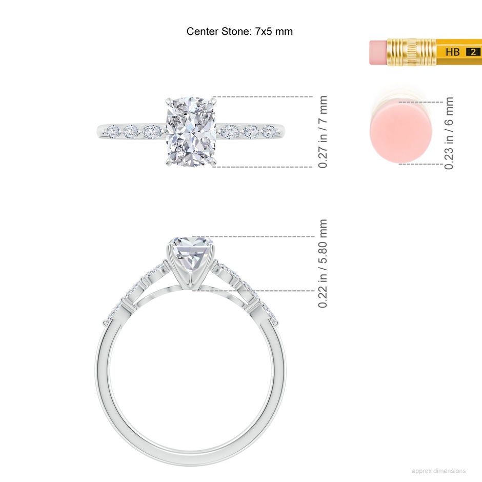 7x5mm HSI2 Cushion Rectangular Diamond Engagement Ring with Marquise Accents in White Gold ruler