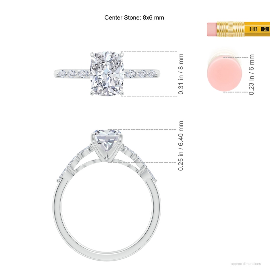 8x6mm HSI2 Cushion Rectangular Diamond Engagement Ring with Marquise Accents in White Gold ruler