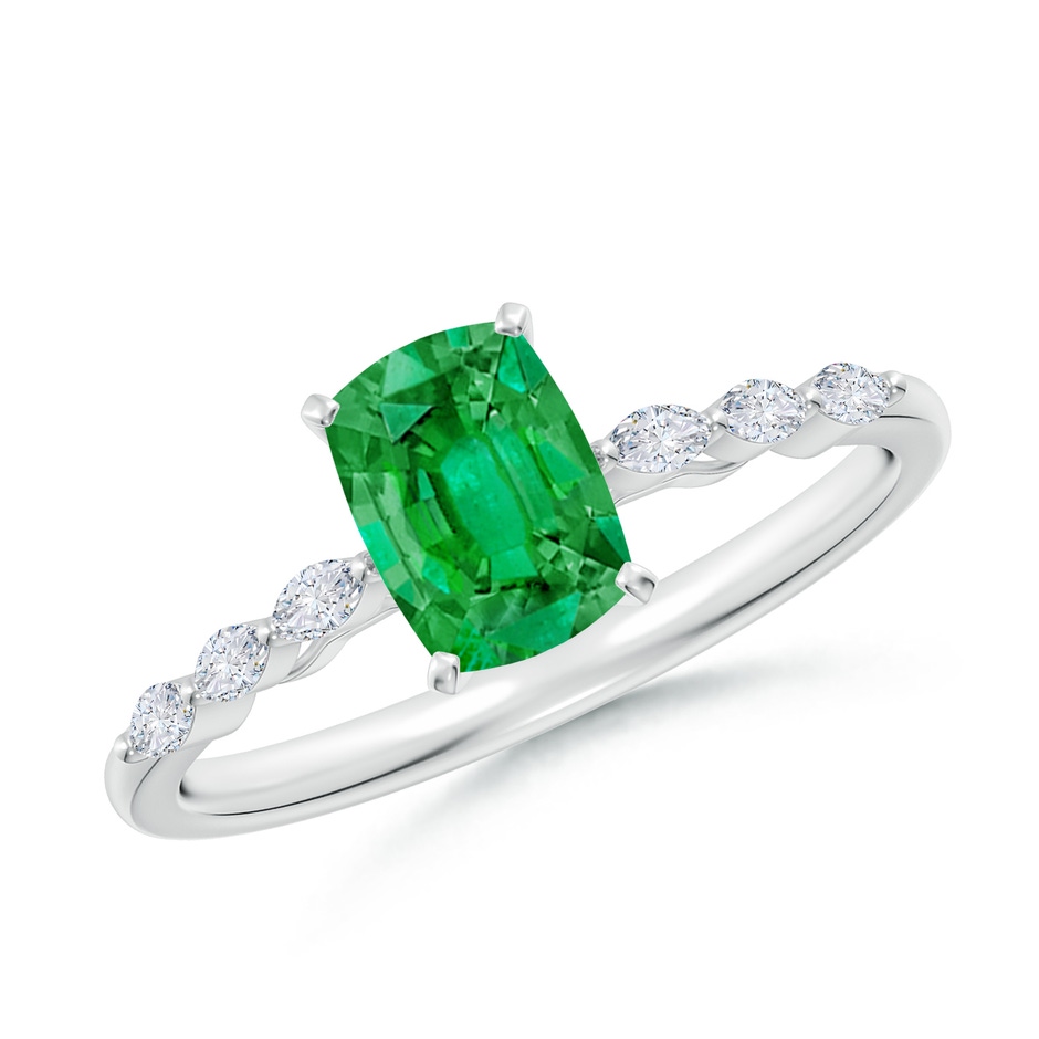 7x5mm AAA Cushion Rectangular Emerald Engagement Ring with Marquise Diamonds in White Gold 