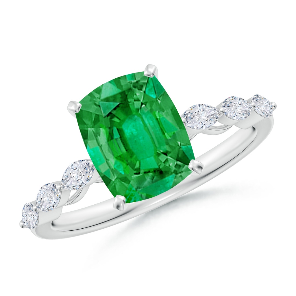 9x7mm AAA Cushion Rectangular Emerald Engagement Ring with Marquise Diamonds in White Gold