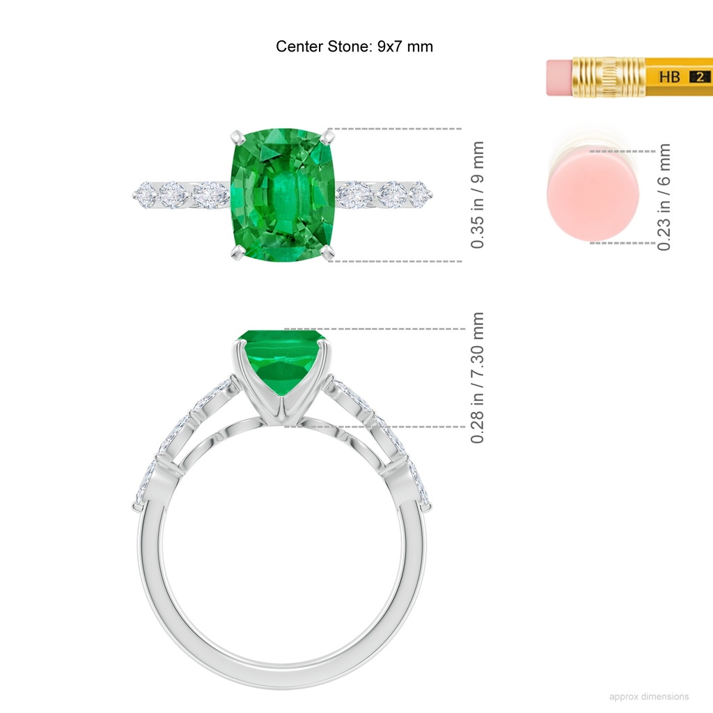 9x7mm AAA Cushion Rectangular Emerald Engagement Ring with Marquise Diamonds in White Gold ruler
