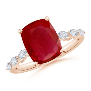 10x8mm AA Cushion Rectangular Ruby Engagement Ring with Marquise Diamonds in 18K Rose Gold